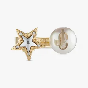 Jimmychoo/吉米周 JCStarPearlRing-水晶镶嵌星星和珍珠饰金色金属戒指 JCSTARPEARLRINGJIQ0C9457