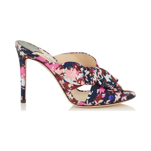 Jimmychoo/吉米周 大丽花和棕色迷彩印花缎布穆勒鞋 KEELY100FMR0C3374