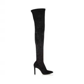 Jimmychoo/吉米周 黑色压碎弹力天鹅绒尖头鞋面过膝靴 LORRAINE100CHG010003