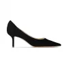 Jimmychoo/吉米周 JC 品牌 logo 扣饰黑色麂皮尖头高跟鞋 LOVE65BWJ010003