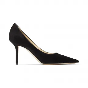 Jimmychoo/吉米周 JC 品牌 logo 扣饰黑色麂皮尖头高跟鞋 LOVE85BWJ010003