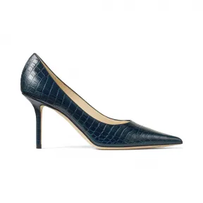Jimmychoo/吉米周 品牌 logo 装饰海军蓝色鳄鱼压纹皮高跟鞋  LOVE85CCL040014