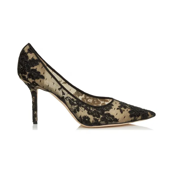 Jimmychoo/吉米周 黑色花卉蕾丝尖头高跟鞋  LOVE85ORE010003