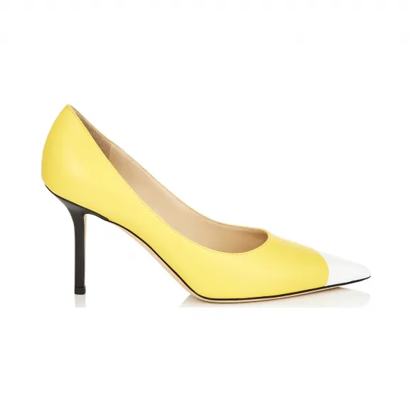 Jimmychoo/吉米周 黑、白、荧光黄三色不对称漆皮效果纳帕羊皮尖头高跟鞋 LOVE85ZYM0C7710