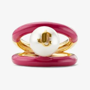 Jimmychoo/吉米周 PEARL RING戒指-珍珠饰金色金属内圈桃红色 JC 字母珐琅外圈戒指 PEARLRINGCZQ0C9490