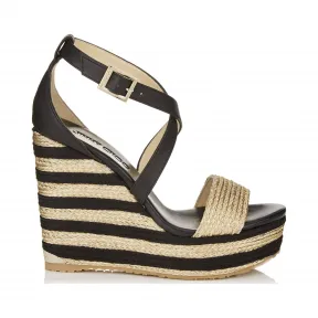 Jimmychoo/吉米周 黑色和金色金属编织绳配条纹坡跟凉鞋 PORTIA120BRI000034