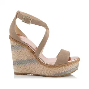 Jimmychoo/吉米周 茶玫瑰麂皮编织布坡跟凉鞋 PORTIA120DFB111093