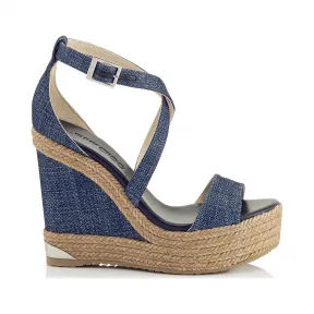 Jimmychoo/吉米周 海军蓝印花金属牛仔布覆盖坡跟凉鞋 PORTIA120DFW040014