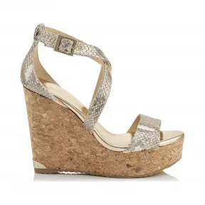 Jimmychoo/吉米周 香槟色金属蛇纹皮革软木坡跟凉鞋 PORTIA120IKW120011