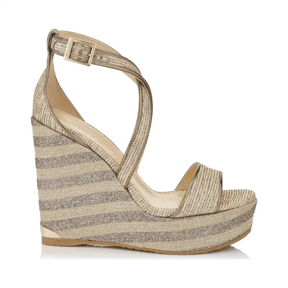 Jimmychoo/吉米周 天然和多编织的帆布亮片条纹麻底坡跟鞋 PORTIA120WGI0C3384