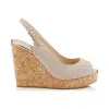 Jimmychoo/吉米周 裸色金属压纹La脚皮革鱼嘴趾坡跟鞋 PROVAIBC120008
