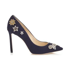 Jimmychoo/吉米周 海军绒布和带有装饰徽章的尖头尖头浅口鞋 ROMY100BFD040014