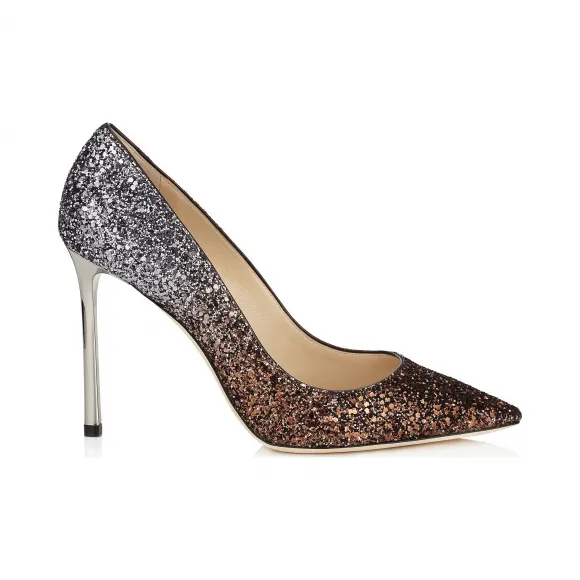 Jimmychoo/吉米周 古铜色和无烟煤降解粗闪光织物尖趾高跟鞋 ROMY100CGD0C2805