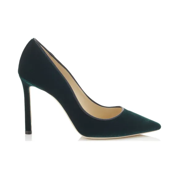 Jimmychoo/吉米周 瓶绿色天鹅绒尖头高跟鞋 ROMY100VEL034383