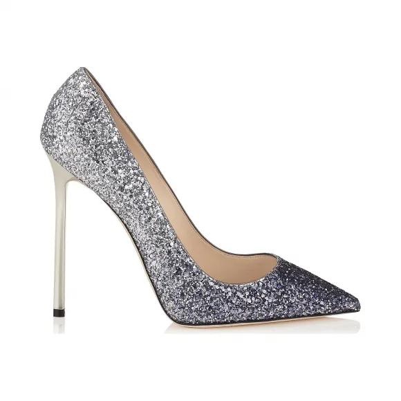 Jimmychoo/吉米周 海军蓝和银色粗闪光降低尖头趾高跟鞋 ROMY110CGD000710