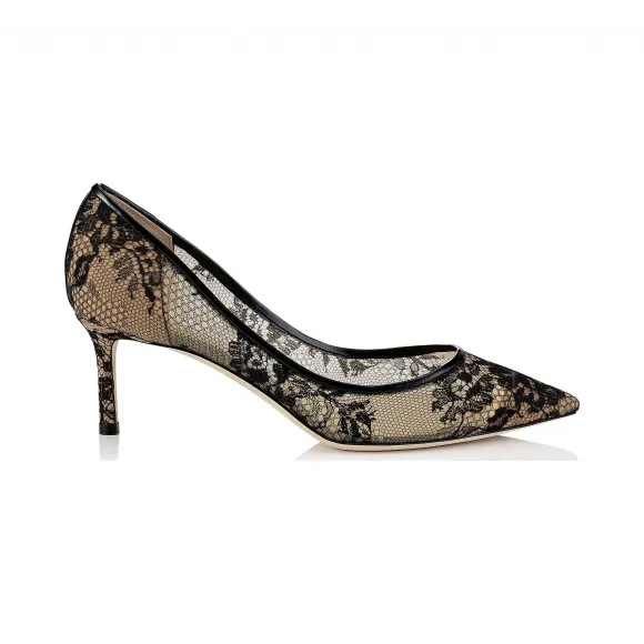 Jimmychoo/吉米周 黑色蕾丝尖头高跟鞋 ROMY60LAC010003