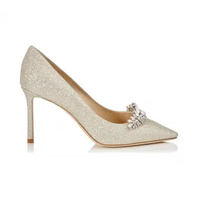 Jimmychoo/吉米周 水晶冠饰冰白金色微粒闪粉尖头高跟鞋  ROMY85ARR0C6137