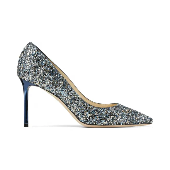 Jimmychoo/吉米周 铁蓝色斑点闪粉尖头高跟鞋  ROMY85GFB043061