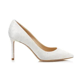 Jimmychoo/吉米周 白色飘逸薄纱饰闪粉波点银色缎面尖头高跟鞋   ROMY85XTD002564