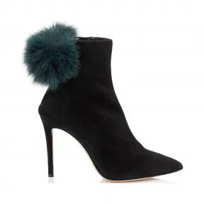 Jimmychoo/吉米周 黑色绒面皮革短靴，配以瓶装绿色狐狸毛绒球 TESLER100XOS0C5772