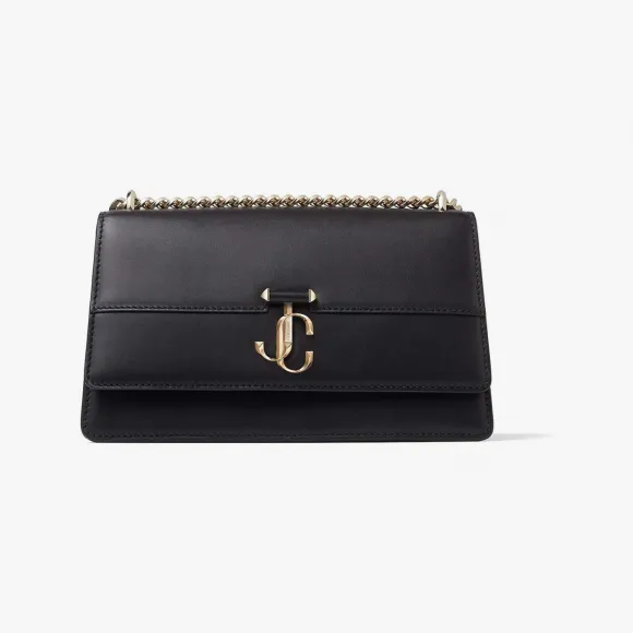 Jimmychoo/吉米周 AVENUE SHOULDER/M-浅金色JC徽章饰黑色细腻亮面小牛皮单肩包 VARENNESHOULDERMDAW001463