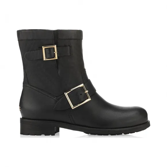 Jimmychoo/吉米周 兔毛饰黑色机车皮革骑士靴  YOUTHBKL010003