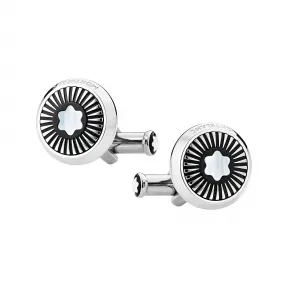 万宝龙/Montblanc 圆形精钢袖扣，搭配放射纹图案和珍珠母贝六角白星品牌标识 U0123809