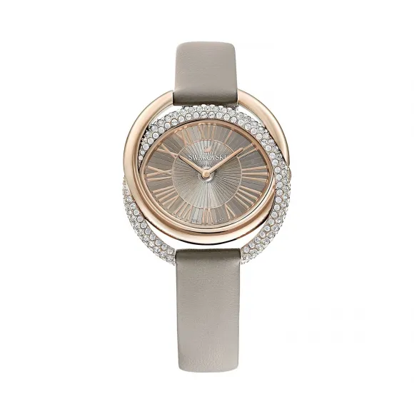 施华洛世奇/Swarovski Duo 腕表, 真皮表带, 灰色, 香槟金色调 PVD 5484382
