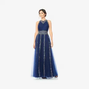  网纱齿轮图案金属钉珠装饰削肩晚礼服 AQL15018LH-NAVY