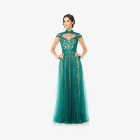  羽毛图案绣花蕾丝装饰网纱晚礼服 ARH15136LH-CDRND