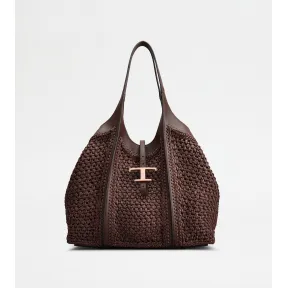 托德斯/Tod's Woman BROWN T Timeless Shopping Bag in Raffia and Leather Medium XBWTSBAR300RGMPZ0ZQ7