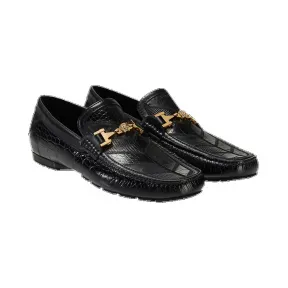 范思哲/Versace Palazzo 系列鳄鱼皮纹漆绘拼接驾驶鞋 - 黑色+金色 乐福鞋 DSU5816-D1VYG_D41OH