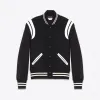 伊夫圣罗兰/Yves Saint laurent 黑色羊毛拼接灰白色真皮棒球夹克 354718Y180W1070