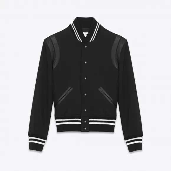 伊夫圣罗兰/Yves Saint laurent SAINT LAURENT黑色华达呢拼接黑色真皮棒球夹克 354718Y639