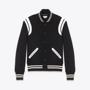 伊夫圣罗兰/Yves Saint laurent 黑色羊毛拼接灰白色真皮棒球夹克 354718YYL801000