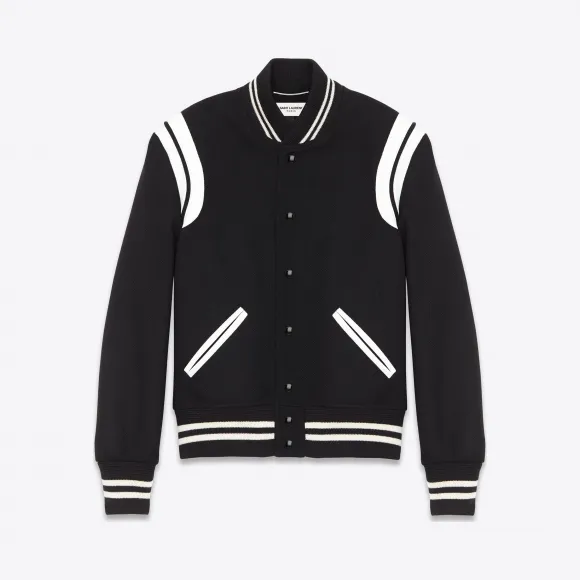 伊夫圣罗兰/Yves Saint laurent 黑色羊毛拼接灰白色真皮棒球夹克 354718YYL801000
