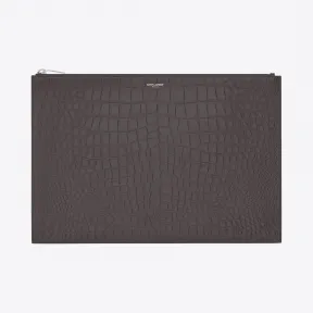 伊夫圣罗兰/Yves Saint laurent 经典SAINT LAURENT PARIS拉链文件包，采用深灰黑色鳄鱼压纹真皮