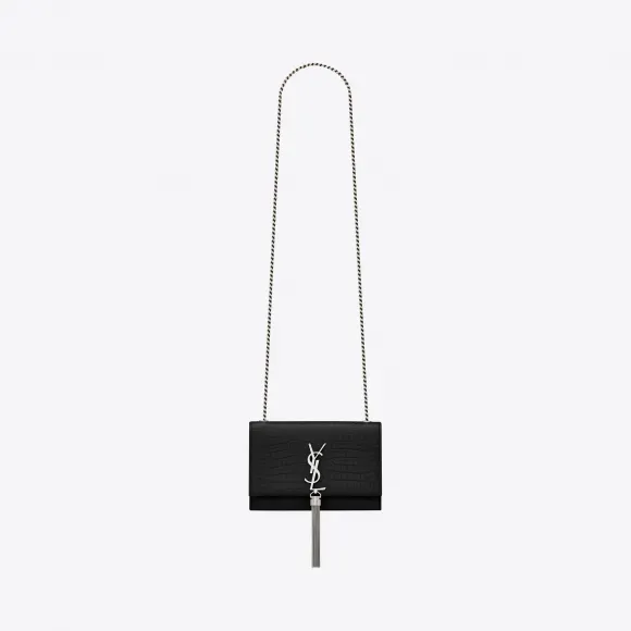 伊夫圣罗兰/Yves Saint laurent KATE 小号亮面黑色鳄鱼纹压花真皮流苏穗链条包  474366DND0N10