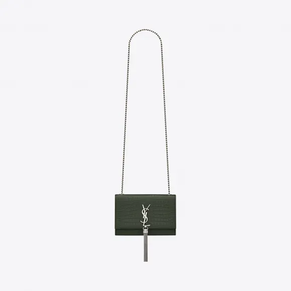 伊夫圣罗兰/Yves Saint laurent kate闪亮褪粉色鳄鱼纹理压花真皮链条流苏包 474366DND0N3045