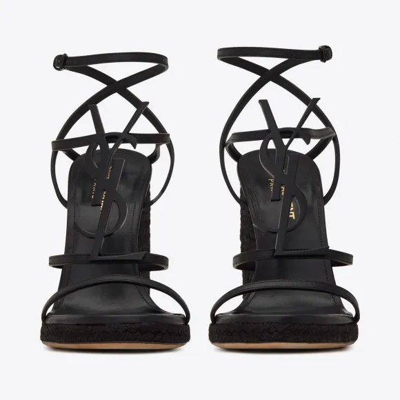 伊夫圣罗兰/Yves Saint laurent 黑色皮革会标CASSANDRA坡跟帆布鞋 5572080MUUU1000