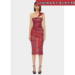 范思哲/Versace L'Aurora Ruby印花垂褶薄纱连衣裙 A82764-A230040_A7204