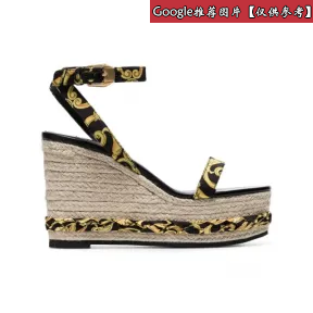 范思哲/Versace Gold Hibiscus印花Sash坡跟鞋 DSR828P-D2TS_D4DT