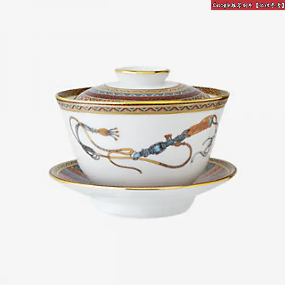 爱马仕/Hermes 灰色 “东方骏马”茶杯，配有杯盖和杯碟，大号 P009891P