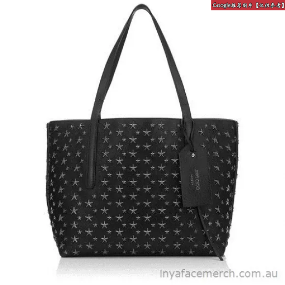 Jimmychoo/吉米周 黑色皮革，配以青铜色星星和深银色裂纹金属涂层织物手提袋 j000078311001