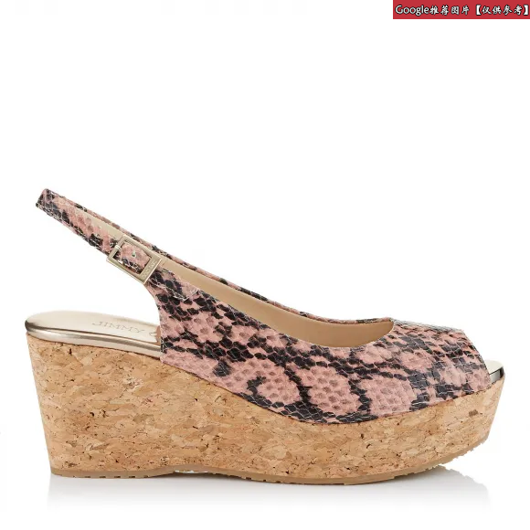 Jimmychoo/吉米周 芭蕾舞粉色闪亮蛇纹皮革软木坡跟鞋 PRAISESYK110323