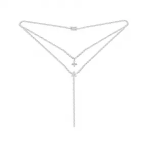 APM 镶石双层项链配花朵吊坠 - 银白色 AC4922OX