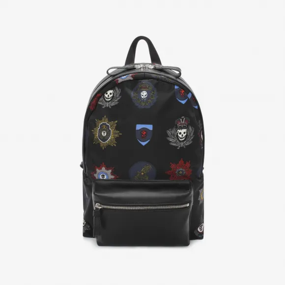 亚历山大麦昆/Alexander McQueen 黑色尼龙、皮革骷髅双肩包，搭配徽章 男士 45305391hq 406122K132N1075