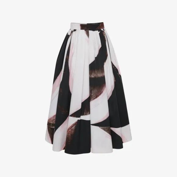 亚历山大麦昆/Alexander McQueen 女式黑色/象牙色 Brushstroke 缩褶中长裙 684284QCAGL1080 