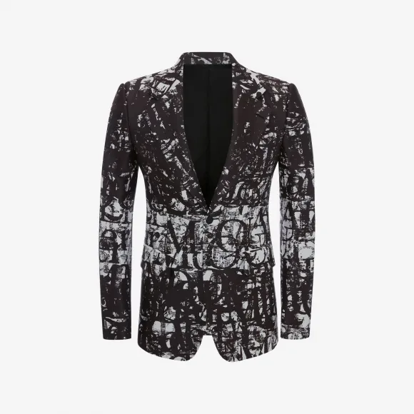 亚历山大麦昆/Alexander McQueen 男士McQueen Logo Stamp单排扣外套黑色/白色 721826QUW471080