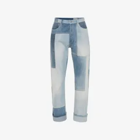 亚历山大麦昆/Alexander McQueen 男士水洗蓝色拼布阔腿牛仔裤 726595QUZ070903 